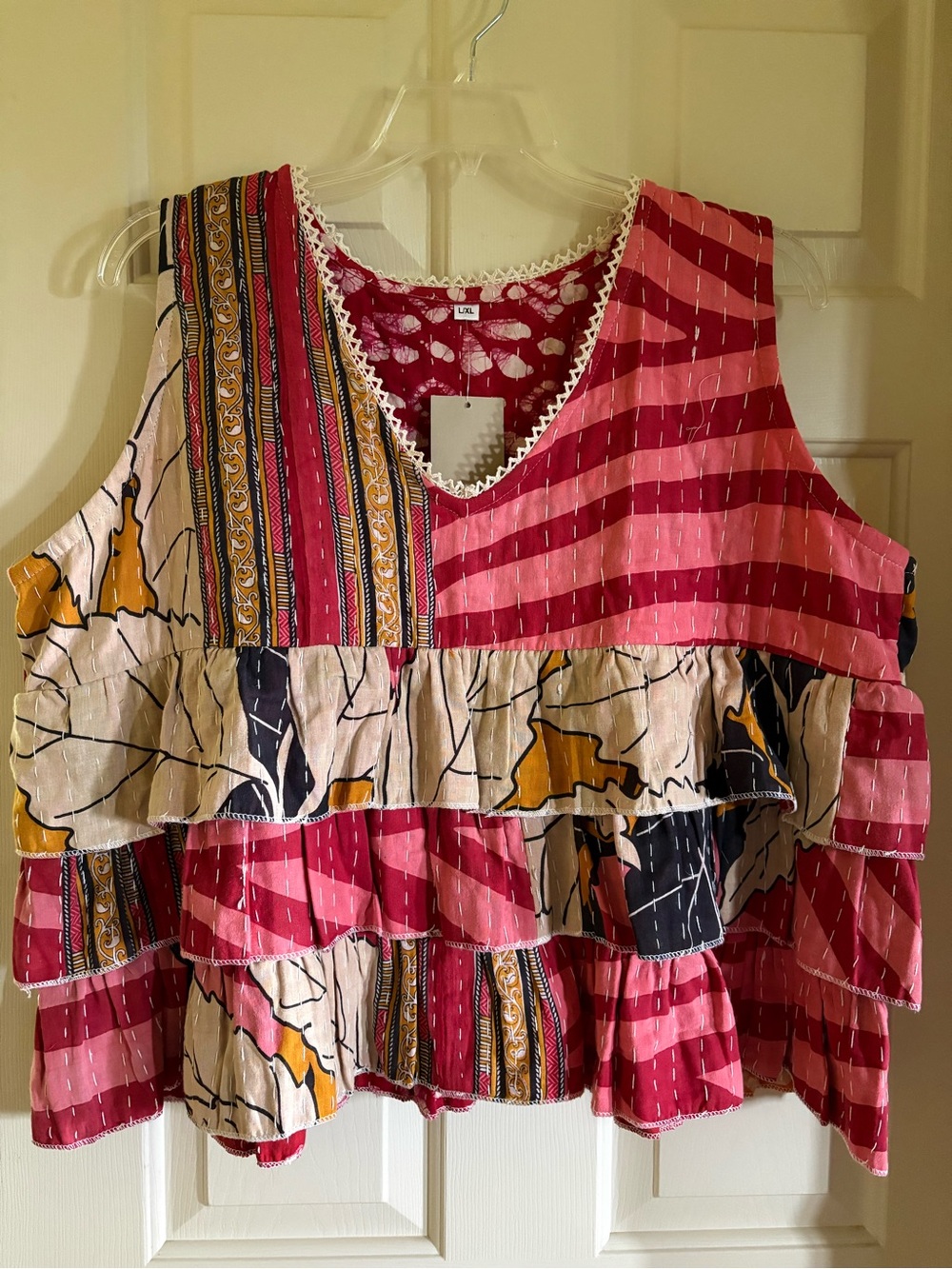Boho Tiered Ruffle Sleeveless Top - Multicolor Pink